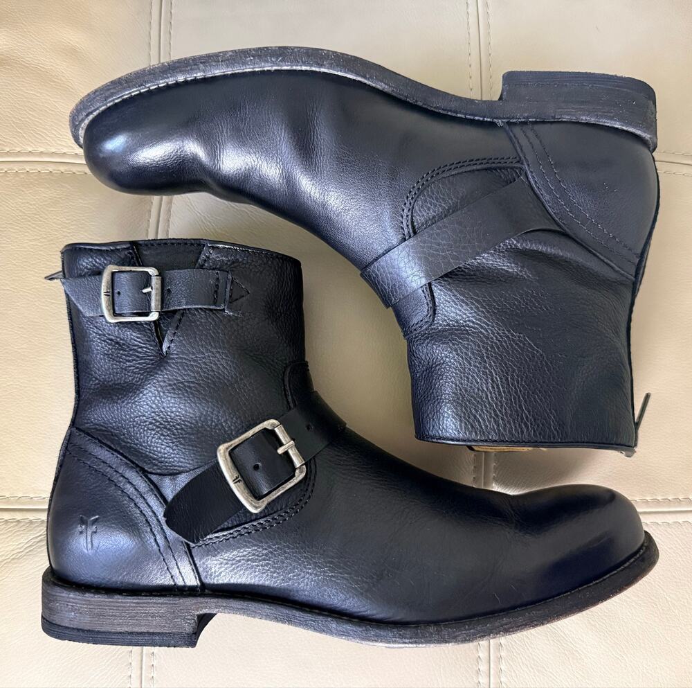 FRYE Tyler Leather Engineer 7” Ankle Moto Boots Men’s 9 D Zip Up Buckles Black
